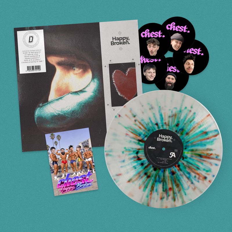 chest. - Happy, Broken.: Green & Red Splatter on Natural Vinyl LP + Signed Postcard DINKED EDITION EXCLUSIVE 427 *Pre-Order