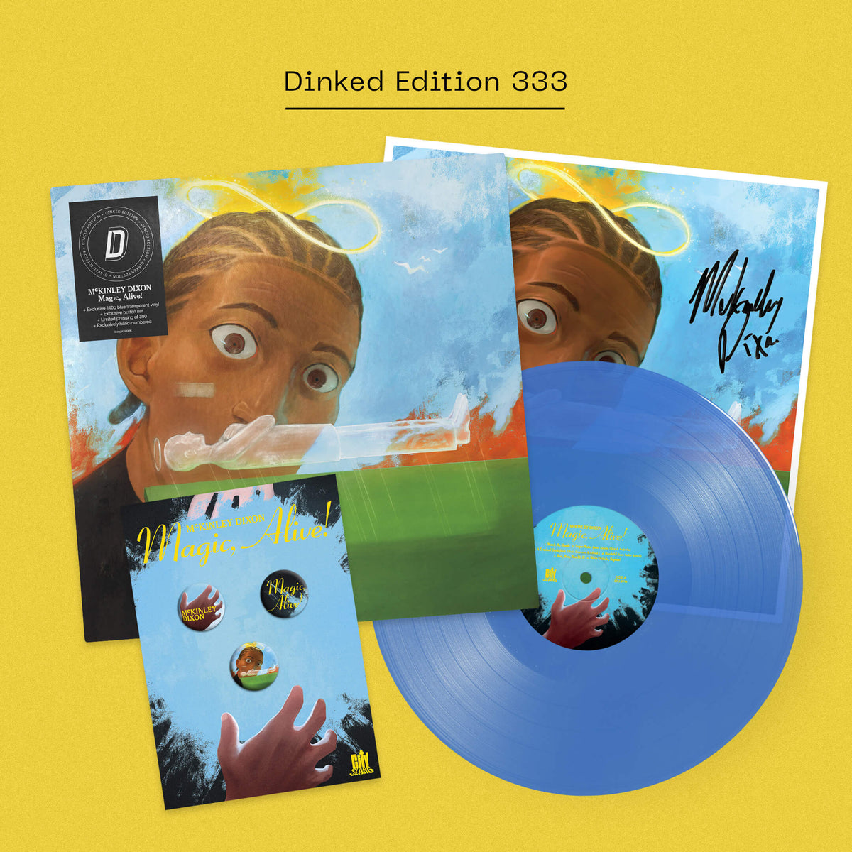 McKinley Dixon - Magic, Alive!: Transparent Blue Vinyl LP + Signed Print + Badge Pack DINKED EDITION EXCLUSIVE 333
